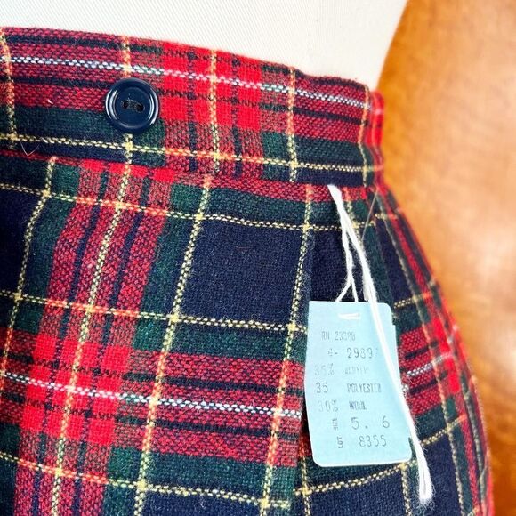 NWT DEADSTOCK 1970’s 70s Vintage Red Wool Plaid Pleated Fringe Kilt Skirt Xs 24w - Picture 2 of 10